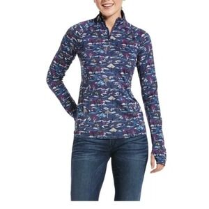 AriatTek Cold Series 14 Zip Long Sleeve Top Women Small Horse Riding Print Blue